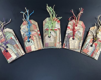 Fabric Junk Journal Tags: Vintage Style Scrapbooking Embellishments, Set of 5