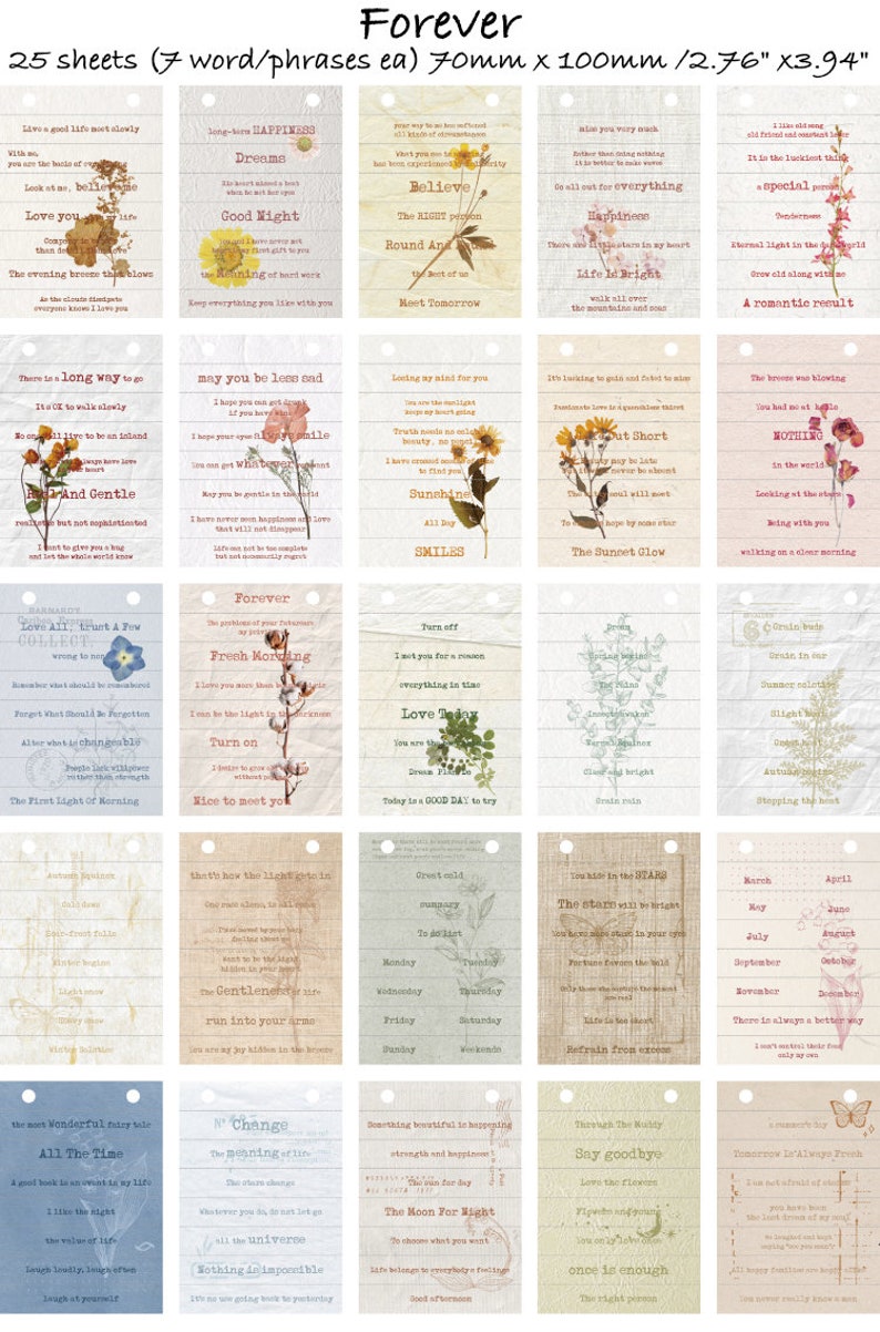 Puede incluir: Un conjunto de 25 tarjetas imprimibles con citas inspiradoras y flores prensadas. Las tarjetas miden 70 mm por 100 mm y presentan una variedad de colores y dise&ntilde;os. Son perfectas para agregar un toque de fantas&iacute;a e inspiraci&oacute;n a tu hogar u oficina.