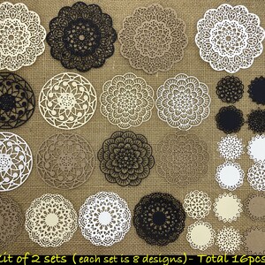 May include: A set of 16 paper doilies in various designs. The doilies are in black, white, and brown. The doilies are arranged in a grid pattern on a burlap background. The text "Kit of 2 sets (each set is 8 designs) - Total 16pcs" is at the bottom of the image. The letter "B" is in the upper right corner of the image.