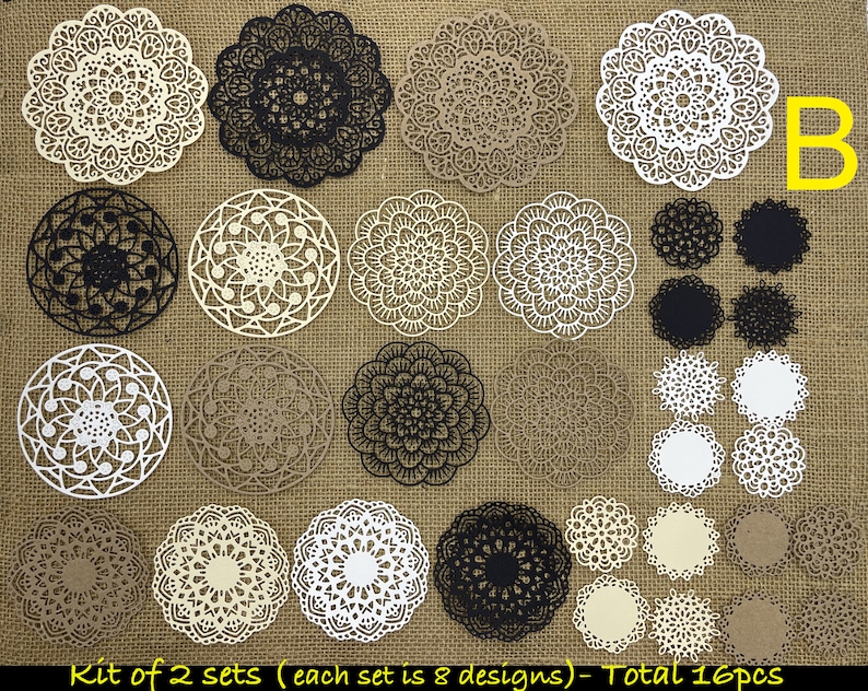 May include: A set of 16 paper doilies in various designs. The doilies are in black, white, and brown. The doilies are arranged in a grid pattern on a burlap background. The text "Kit of 2 sets (each set is 8 designs) - Total 16pcs" is at the bottom of the image. The letter "B" is in the upper right corner of the image.
