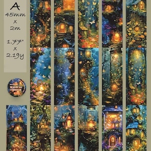 Cinta washi de bosque mágico, botánica, paisaje nocturno, diario basura a la luz de la luna, scrapbooking, planificador