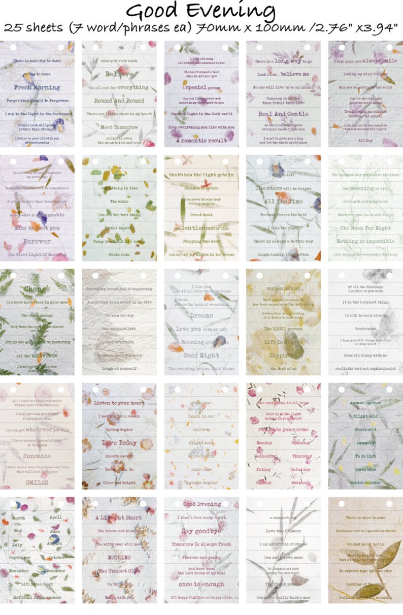 Puede incluir: Un conjunto de 25 tarjetas peque&ntilde;as con citas inspiradoras impresas en ellas. Las tarjetas est&aacute;n hechas de papel texturizado con un dise&ntilde;o floral. Las tarjetas miden 70 mm por 100 mm y tienen agujeros perforados en las esquinas superiores.