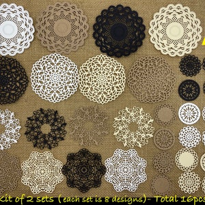 May include: A set of 16 white, brown, and black paper doilies with intricate lace designs. The doilies are arranged in two rows of eight, with the text "Kit of 2 sets (each set is 8 designs) - Total 16pcs" at the bottom.