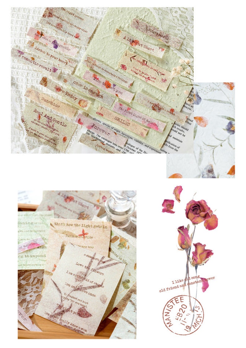 Puede incluir: Surtido de efem&eacute;rides de papel de estilo vintage con acentos florales y texto escrito a mano. Las efem&eacute;rides incluyen frases como "Love Today", "Sunshine", "Real And Gentle", "Forever", "Skills", "A Little Short", "Once Is Enough", "That's How The Light Gets In", "Love The Flowers" y "I Was Not Afraid Of Storms".