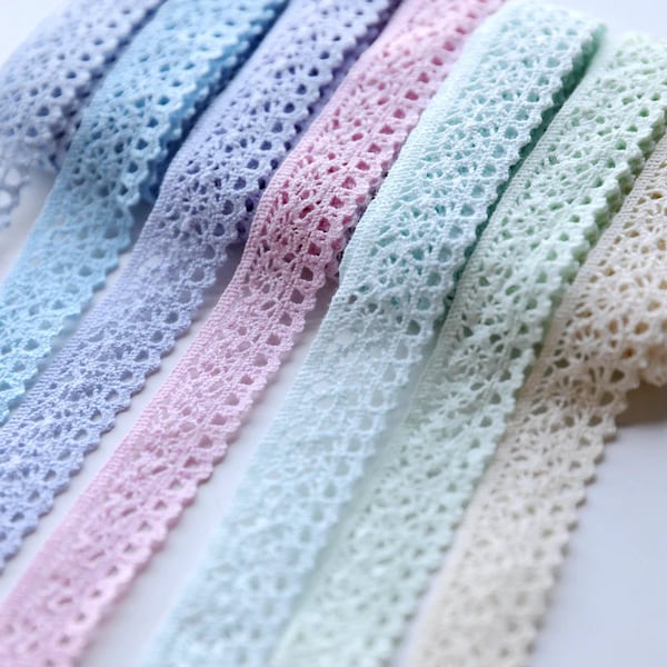 Crochet Lace Cotton Ribbon Cream, Lavender, Blue, Green, Pink, Junk Journal, Scrapbooking, Sewing, Mixed Media