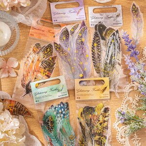 10 Pcs Feather Stickers with Gold Foil Details, PET Sticker, Transparent Sticker, Journal Scrapbook Collage Mixed Media