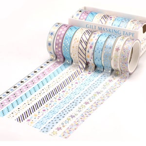 Set of 10 Washi Tape, Silver Foiled Set, Silver Accent Stars, Hearts, 8mm x2m each roll, Thin Washi Tape Set, Junk Journal, Scrapbooking, Stars