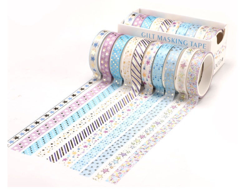 Set of 10 Washi Tape, Silver Foiled Set, Silver Accent Stars, Hearts, 8mm x2m each roll, Thin Washi Tape Set, Junk Journal, Scrapbooking, Stars