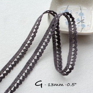 May include: Gray crochet trim with a scalloped edge. The trim is 13mm or 0.5 inches wide.  G - 13mm - 0.5"