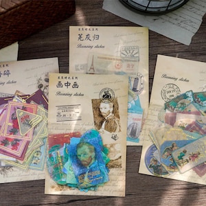 40 pcs Set Vellum Stamp Stickers Van Gogh, Botanical Travel Vintage Ladies Posters Ads, Junk Journal, Scrapbooking, Mixed Media, Planner
