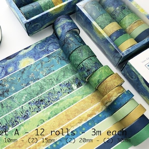 Set of 12 washi tape or 10 Gold Bronzing tape, Astronomy themed, Van Gogh, Black&Gold, Junk Journal, Scrapbook, Planner, Mixed Media Project