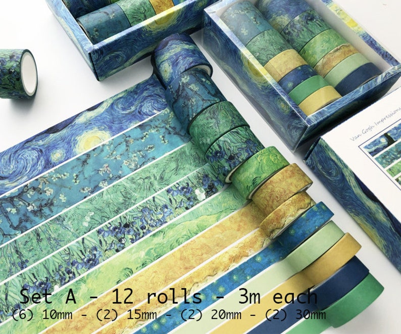 Set of 12 washi tape, Set of 20 washi tape, Set of 8 washi tape, Travel themed, Van Gogh Washi tape, junk Journal, Scrapbook, Coffee themed