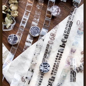 Transparent Clear PET Tape, Numbers, Alphabet, Grunge film strip white print, Butterfly, Distressed marks, Junk Journal, Scrapbook, Planner