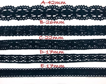 Black Crochet Lace Cotton Trim Ribbon by the yard, Junk Journal, Scrapbooking, Sewing, Mixed Media