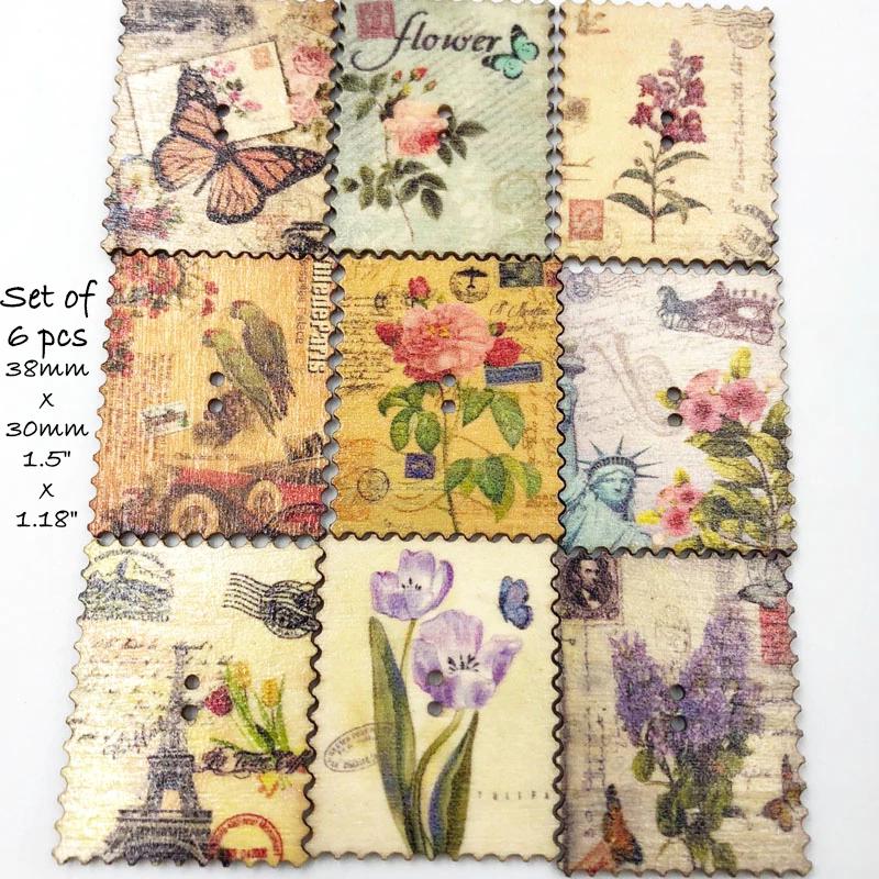 Fur Fabric Flat Metal Back Buttons: Clock, Flower, Bird, Boho, Wood Buttons, Embellishments Postage stamp Wood