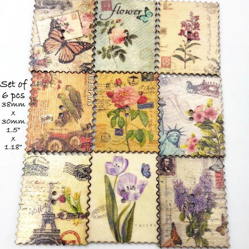 Fur Fabric Flat Metal Back Buttons: Clock, Flower, Bird, Boho, Wood Buttons, Embellishments Postage stamp Wood