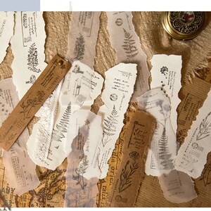 May include: A collection of vintage-style paper ephemera with botanical illustrations and text. The paper is torn and distressed, giving it a rustic and antique look. The paper is perfect for scrapbooking, journaling, and other craft projects.