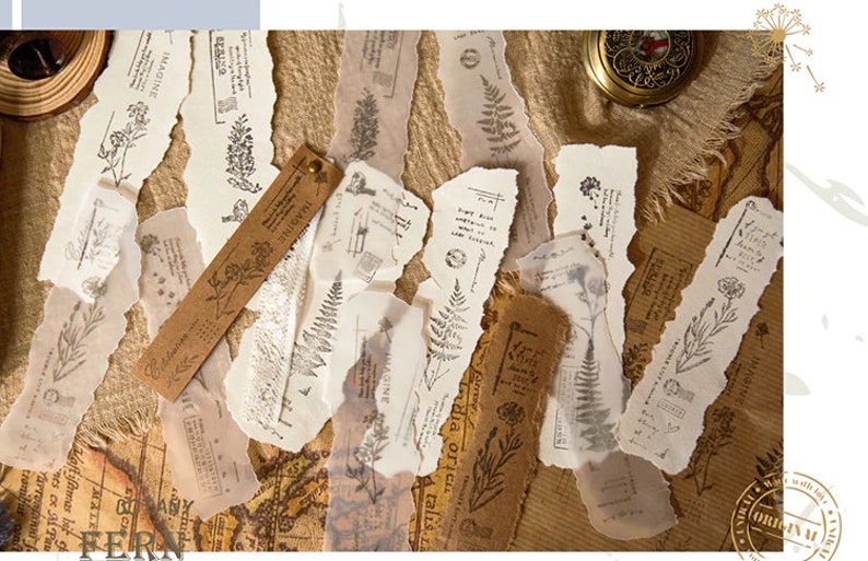 May include: A collection of vintage-style paper ephemera with botanical illustrations and text. The paper is torn and distressed, giving it a rustic and antique look. The paper is perfect for scrapbooking, journaling, and other craft projects.