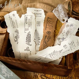May include: A collection of vintage-style paper ephemera with botanical illustrations and text, including "Imagine" and "First Frost", in a wooden box. The paper is torn and aged, giving it a rustic look.