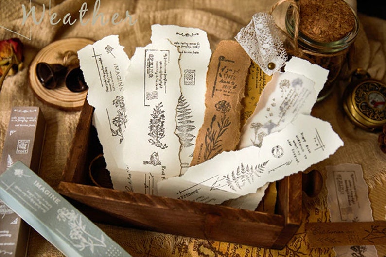 May include: A collection of vintage-style paper ephemera with botanical illustrations and text, including "Imagine" and "First Frost", in a wooden box. The paper is torn and aged, giving it a rustic look.