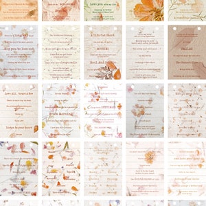 Puede incluir: Veinticinco hojas de papel con citas inspiradoras y dise&ntilde;os florales. Cada hoja mide 70 mm por 100 mm. El papel tiene un aspecto texturizado y envejecido, con un fondo marr&oacute;n claro y una variedad de flores y hojas secas.
