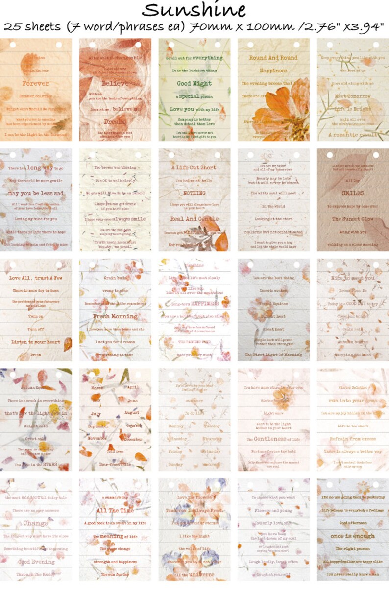 Puede incluir: Veinticinco hojas de papel con citas inspiradoras y dise&ntilde;os florales. Cada hoja mide 70 mm por 100 mm. El papel tiene un aspecto texturizado y envejecido, con un fondo marr&oacute;n claro y una variedad de flores y hojas secas.