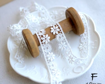 May include: A white lace trim with a floral pattern wrapped around a wooden spool. The lace features a repeating design of small flowers and scalloped edges. The text F 18mm 0.71" is printed in black on the lower right side of the image.