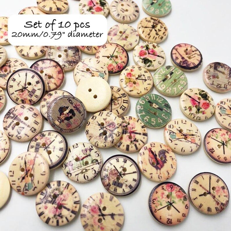 Fur Fabric Flat Metal Back Buttons: Clock, Flower, Bird, Boho, Wood Buttons, Embellishments Clock Round Button