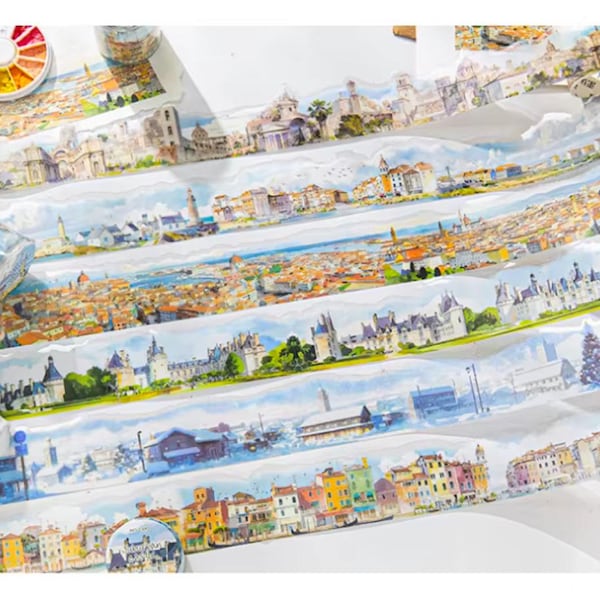 Cinta adhesiva PET con paisajes: Venecia, Praga, Castillo, Europa, álbum de recortes, diario basura