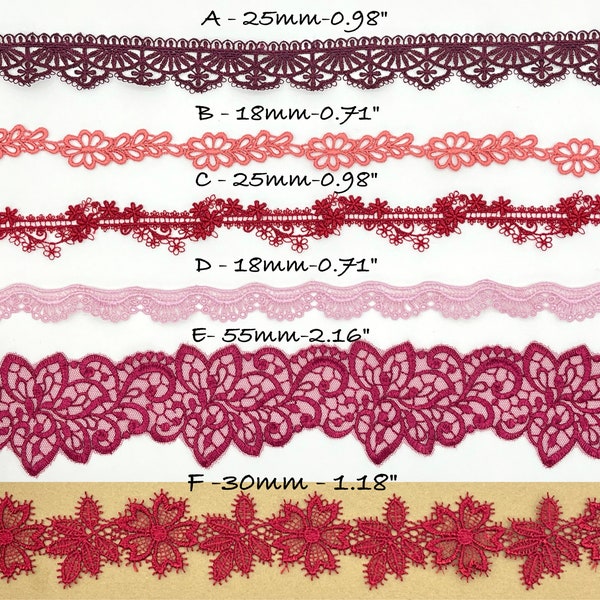 Guipure Lace Trim Embroidery Ribbon by the yard, Red, Wine, Watermelon, Bordeaux, Junk Journal, Scrapbooking, Doll Trim, Sewing Projects