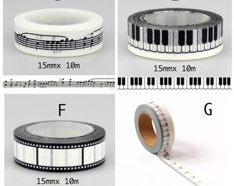 Black & White Washi Tape, Polka Dot Washi, Film Strip Washi, Piano Keys Tape, Music Sheet  Tape, Junk Journal, Scrapbook, Planner