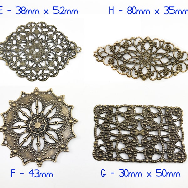 10 pcs Filigree, Antique Bronze, Metal Embellishment, Junk Jounal, Scrapbooking, Mixed media, Set of 10