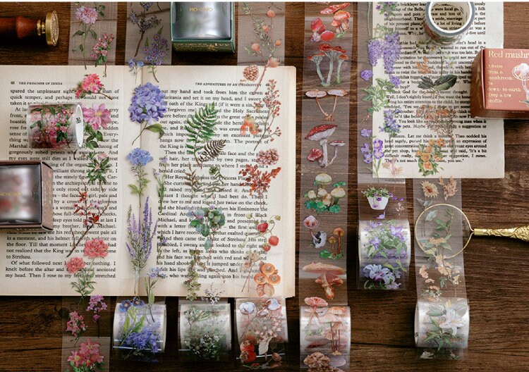Transparent PET Washi Tape in a Beautiful Box, Botanical, Flowers, Le…
