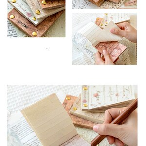 Puede incluir: Un conjunto de blocs de notas de estilo vintage con una cubierta de papel marr&oacute;n r&uacute;stico y detalles dorados. Los blocs de notas tienen diferentes dise&ntilde;os, incluyendo patrones florales y texto escrito a mano. El texto en los blocs de notas incluye "Fresh Morning", "Forever" y "The Moon For Watch".