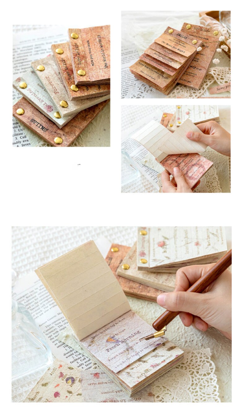 Puede incluir: Un conjunto de blocs de notas de estilo vintage con una cubierta de papel marr&oacute;n r&uacute;stico y detalles dorados. Los blocs de notas tienen diferentes dise&ntilde;os, incluyendo patrones florales y texto escrito a mano. El texto en los blocs de notas incluye "Fresh Morning", "Forever" y "The Moon For Watch".