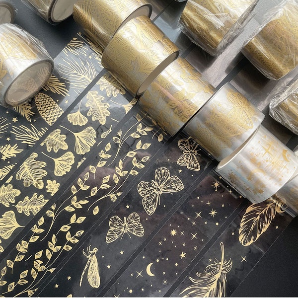 Gold print on PET transparent Tape, Gold Accent Tape, Scrapbook Tape, Retro Washi Tape, Junk Journal, Planner, Decor Gold Tape