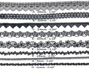 Black Guipure Lace Trim Embroidery Ribbon by the yard, Junk Journal, Scrapbooking, Doll trim, Sewing projects, Cards