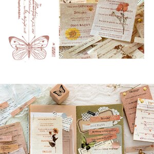 Puede incluir: Una colecci&oacute;n de ef&iacute;meras de papel de estilo vintage con dise&ntilde;os florales y citas inspiradoras. Las ef&iacute;meras incluyen frases como "Buenas noches", "Sue&ntilde;os", "Felicidad a largo plazo", "Que est&eacute;s menos triste" y "Nada es imposible".