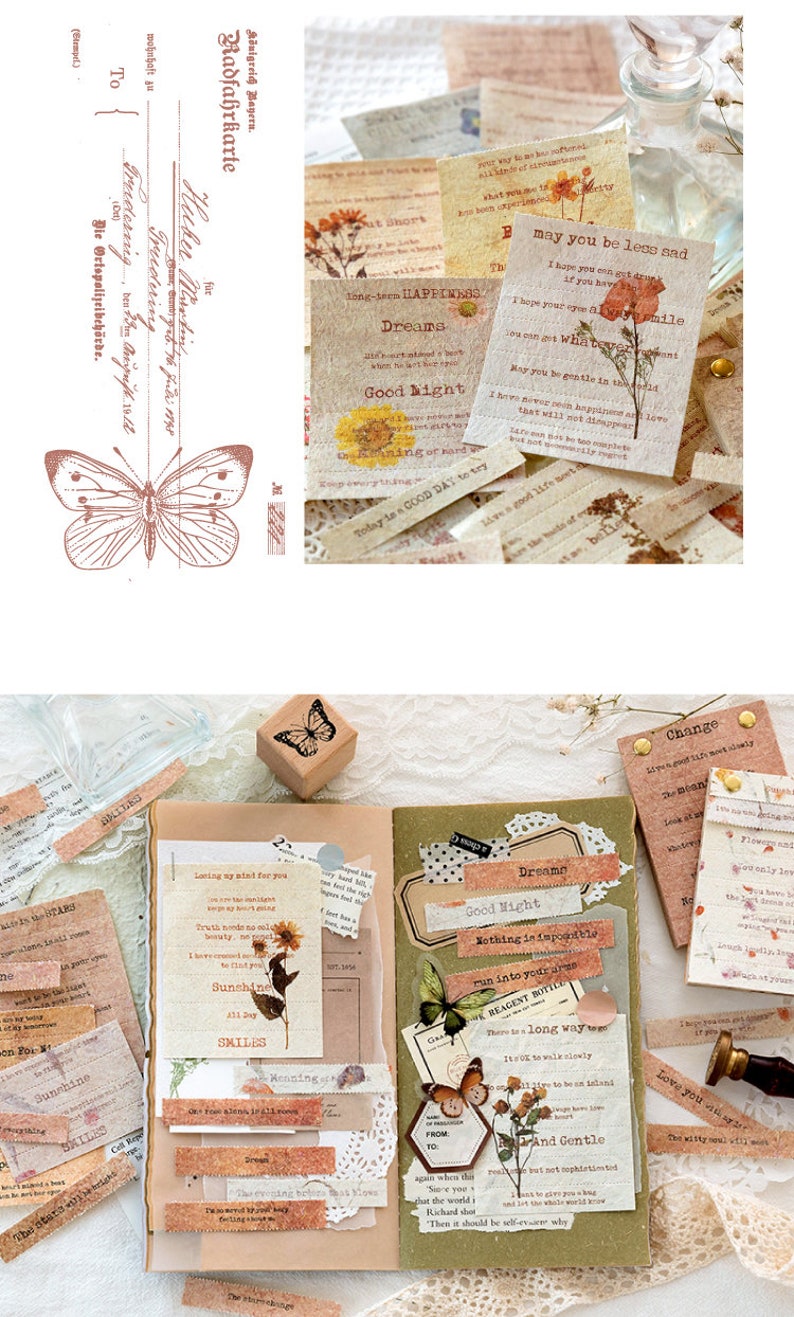 Puede incluir: Una colecci&oacute;n de ef&iacute;meras de papel de estilo vintage con dise&ntilde;os florales y citas inspiradoras. Las ef&iacute;meras incluyen frases como "Buenas noches", "Sue&ntilde;os", "Felicidad a largo plazo", "Que est&eacute;s menos triste" y "Nada es imposible".