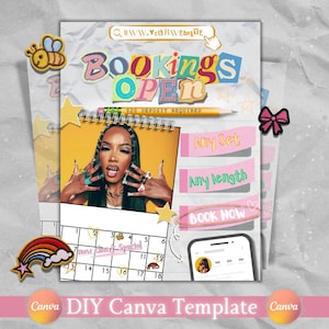 Könnte beinhalten: Eine DIY Canva-Vorlage mit einem Collage-Design. Das Design enthält den Text "Bookings Open", ein Foto einer Frau, einen Kalender und rosa Haftnotizen. Die Vorlage enthält auch einen Bienen- und Regenbogen-Patch.