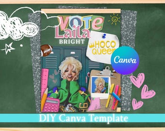 Könnte beinhalten: Eine digitale Collage auf grünem Tafelhintergrund mit dem Text "VOTE Laila BRIGHT" und "HOCO QUEEN". Die Collage enthält ein Foto einer Person, einen Football und Schulmaterial. Das Canva-Logo ist ebenfalls sichtbar.