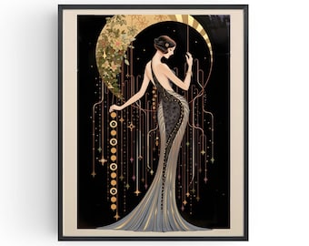 1920年代スタイルのカクテルポスター：アールデコ調の女性用パウダールームの壁アート