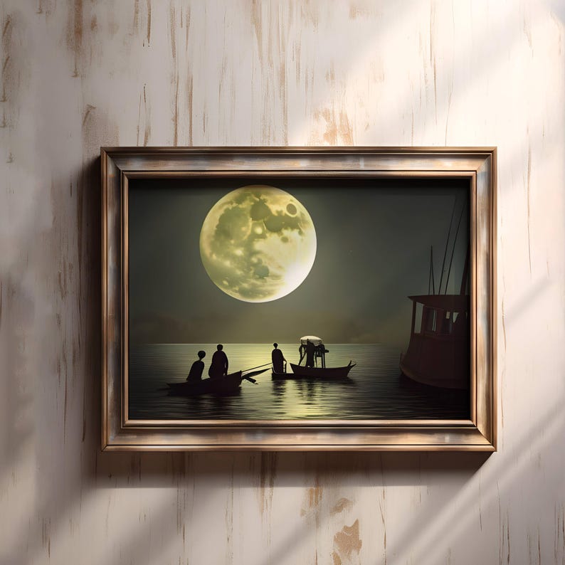 Fishermen Print Full Moon Poster Night Sky Art Fishing Artwork - Etsy