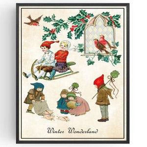 Weihnachten Druck Winter Wunderland Kunst Illustrationen Vintage Poster Jahreszeiten Grüße Karten