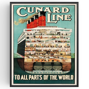 Cunard Line Poster Cruceros Impresiones publicitarias vintage, Ideas para el hogar, Regalos de cumpleaños