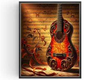 Classical Acoustic Guitar on A Musical Song Sheet Wall Art