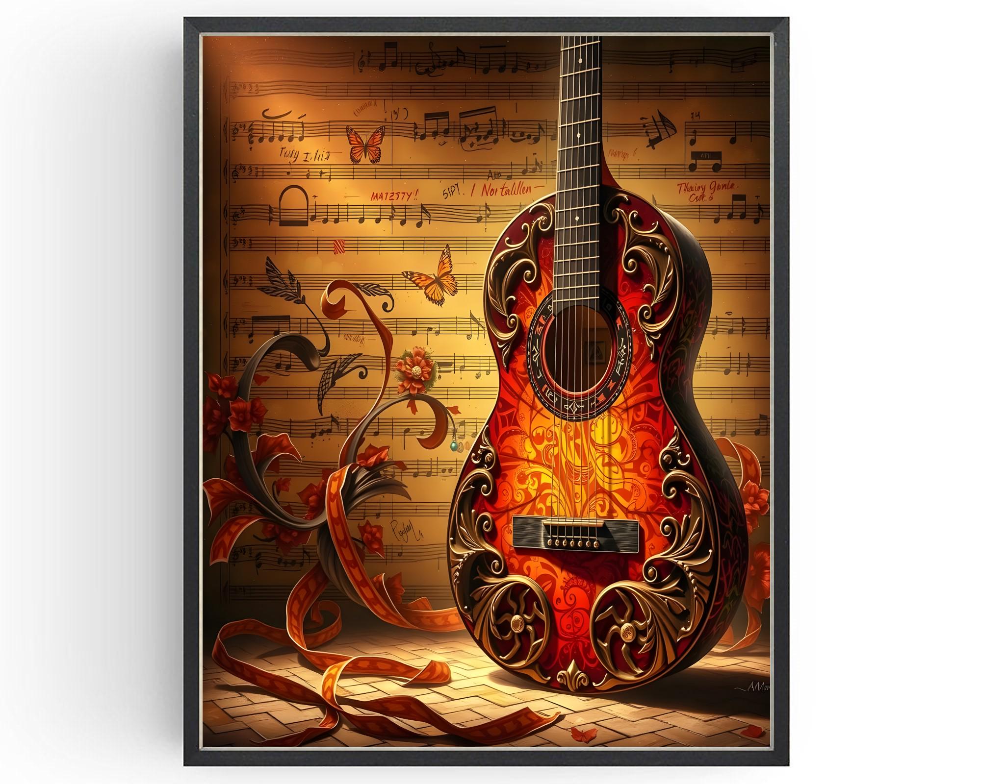 Classical Acoustic Guitar on A Musical Song Sheet Wall Art