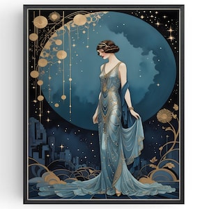 Póster de chica flapper con luna y estrellas, arte de pared estilo años 20, decoración de vestidor vintage de 1920, tocador art déco, impresión de los locos años veinte