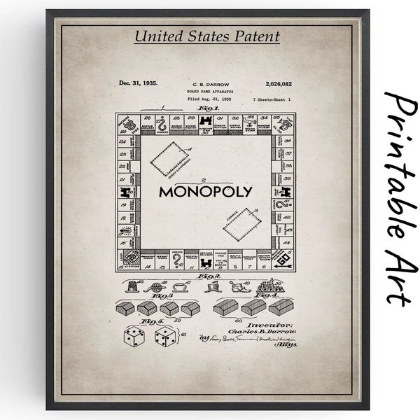 Printable Monopoly Patent Download Prints Board Game Design Blueprint Game Night Poster Office Wall Art
