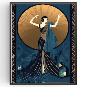 Cocktail Poster im 20er Jahre Stil, Wand Kunst Geschenk, Vintage Stil Ankleidezimmer 1920 Dekor, Art Deco Damentoilette, Geschenke für Sie